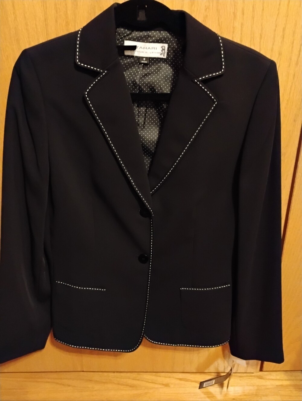 Tahari Black Blazer with White Stitch Trim And Pants, Size 8